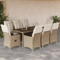 9 Pcs conjunto de jantar p/ jardim com almofadões vime PE bege