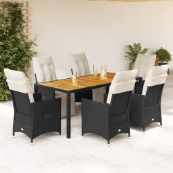 7 Pcs conjunto de jantar p/ jardim c/ almofadões vime PE preto