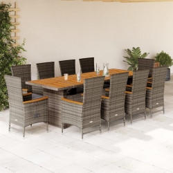 11 Pcs conjunto jantar p/ jardim c/ almofadões vime PE cinzento