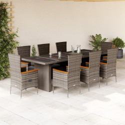 9 Pcs conjunto de jantar p/ jardim c/ almofadões vime PE cinza