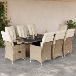 9 Pcs conjunto de jantar p/ jardim com almofadões vime PE bege