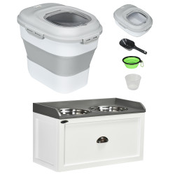 Conjunto de 1 comedouro elevado para cães grandes com 2 tigelas de aço inoxidável e 1 recipiente de comida branco