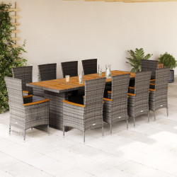 11 Pcs conjunto jantar p/ jardim c/ almofadões vime PE cinzento