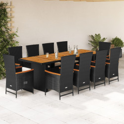 11 Pcs conjunto de jantar p/ jardim c/ almofadões vime PE preto