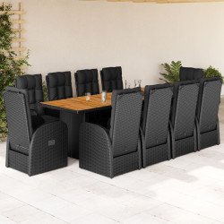 11 Pcs conjunto de jantar p/ jardim c/ almofadões vime PE preto