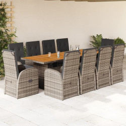 11 Pcs conjunto jantar p/ jardim c/ almofadões vime PE cinzento