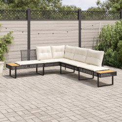 Sofá de jardim em forma de l c/ almofadões vime PE/acácia preto
