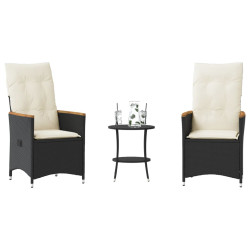 3 Pcs conjunto de bistrô com almofadões vime PE preto