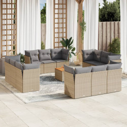 13 Pcs conj. sofás jardim c/ almofadões vime PE bege misturado