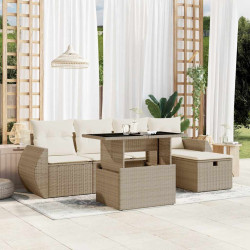 6 Pcs conjunto de sofás p/ jardim com almofadões vime PE bege