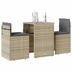 3 Pcs conjunto bistrô com almofadões vime PE cinzento claro