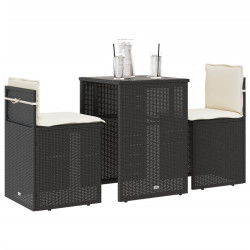 3 Pcs conjunto de bistrô com almofadões vime PE preto