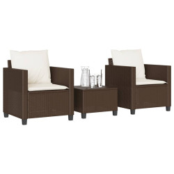 3 Pcs conjunto bistrô com almofadões vime PE castanho