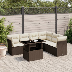 7 Pcs conjunto de sofás jardim c/ almofadões vime PE castanho