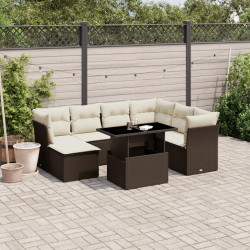8 Pcs conjunto sofás de jardim c/ almofadões vime PE castanho