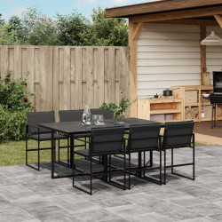 7 Pcs conj. de jantar para jardim c/ almofadões textilene preto