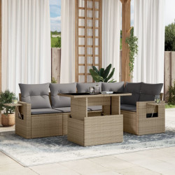 6 Pcs conjunto de sofás p/ jardim com almofadões vime PE bege