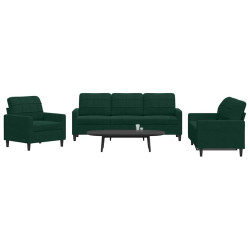 3 Pcs conjunto de sofás com almofadões veludo verde-escuro