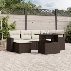 7 Pcs conjunto de sofás jardim c/ almofadões vime PE castanho