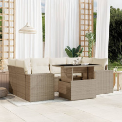 7 Pcs conjunto de sofás p/ jardim com almofadões vime PE bege