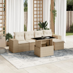 6 Pcs conjunto de sofás p/ jardim com almofadões vime PE bege