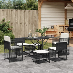 7 Pcs conjunto de jantar p/ jardim c/ almofadões vime PE preto