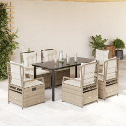 7 Pcs conjunto de jantar p/ jardim com almofadões vime PE bege