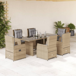 7 Pcs conjunto de jantar p/ jardim com almofadões vime PE bege