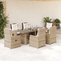 7 Pcs conjunto de jantar p/ jardim com almofadões vime PE bege