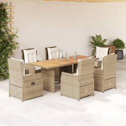 7 Pcs conjunto de jantar p/ jardim com almofadões vime PE bege
