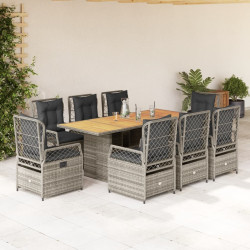 9 Pcs conjunto de jantar p/ jardim c/ almofadões vime PE cinza