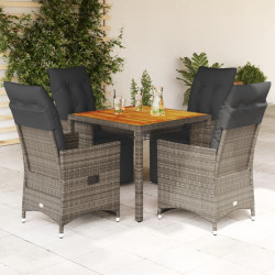 5 Pcs conjunto bistrô de jardim c/ almofadões vime PE cinza