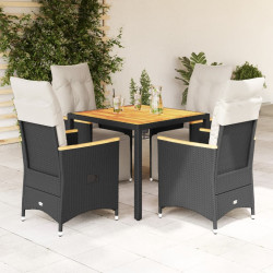 5 Pcs conjunto bistrô de jardim c/ almofadões vime PE preto