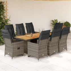 9 Pcs conjunto bistrô de jardim c/ almofadões vime PE cinzento