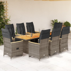 9 Pcs conjunto bistrô de jardim c/ almofadões vime PE cinzento
