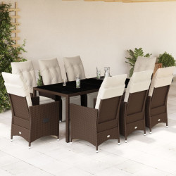 9 Pcs conjunto bistrô de jardim c/ almofadões vime PE castanho
