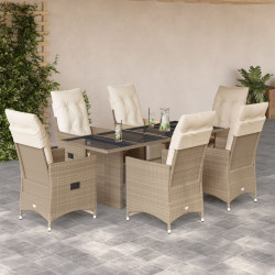 7 Pcs conjunto de bistrô para jardim c/ almofadões vime PE bege
