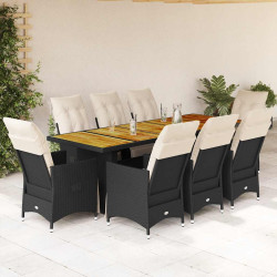 9 Pcs conjunto de bistrô p/ jardim c/ almofadões vime PE preto