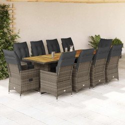 11 Pcs conjunto bistrô de jardim c/ almofadões vime PE cinzento