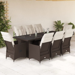 9 Pcs conjunto bistrô de jardim c/ almofadões vime PE castanho