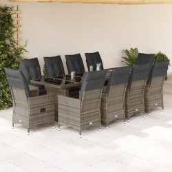 11 Pcs conjunto bistrô de jardim c/ almofadões vime PE cinzento