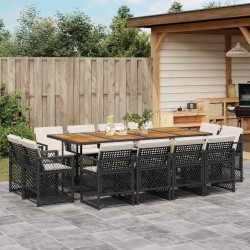 13 Pcs conjunto de jantar p/jardim com almofadões vime PE preto