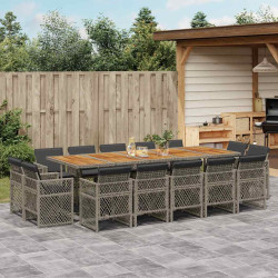 15 Pcs conjunto jantar p/ jardim c/ almofadões vime PE cinzento