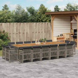 17 Pcs conj. de jantar p/ jardim c/ almofadões vime PE cinzento