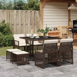 9 Pcs conjunto jantar p/ jardim c/ almofadões vime PE castanho