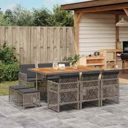 11 Pcs conjunto jantar p/ jardim c/ almofadões vime PE cinzento