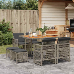 9 Pcs conjunto de jantar p/ jardim c/ almofadões vime PE cinza