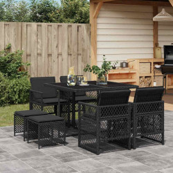 9 Pcs conjunto de jantar p/ jardim c/ almofadões vime PE preto