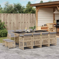 13 Pcs conjunto de jantar p/ jardim com almofadões vime PE bege