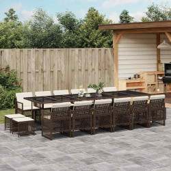 17 Pcs conjunto jantar p/ jardim c/ almofadões vime PE castanho